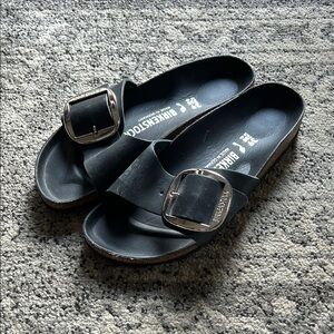 Birkenstock Black Slide Sandals with Silver Buckle